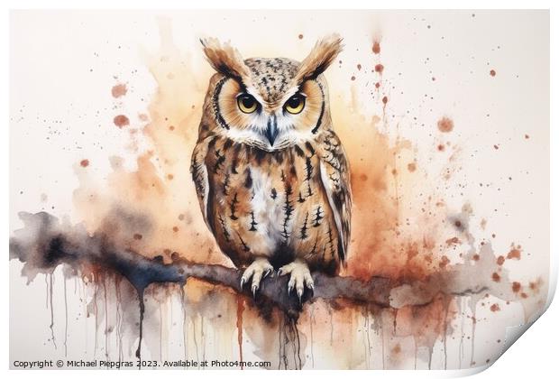 Watercolor painting of an owl on a white background. Print by Michael Piepgras