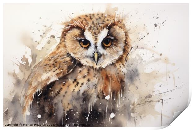 Watercolor painting of an owl on a white background. Print by Michael Piepgras