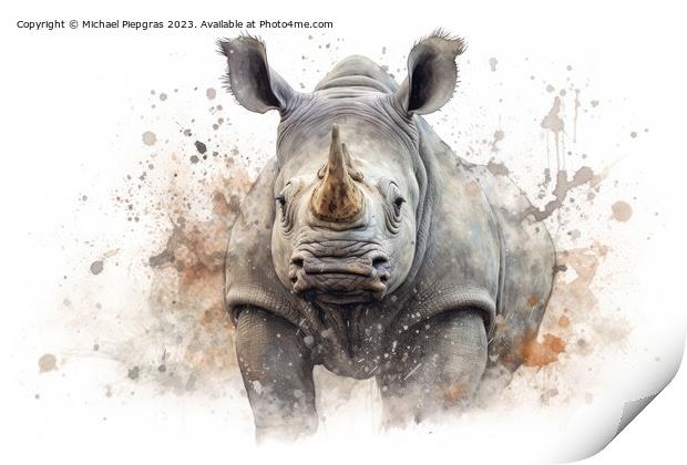 Watercolor painting of a Rhino on a white background. Print by Michael Piepgras