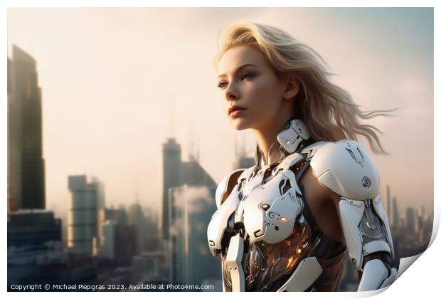 A beautiful female cyborg in front of a futuristic city created  Print by Michael Piepgras
