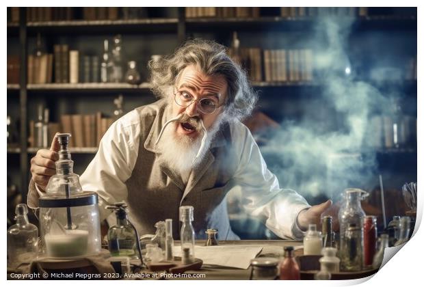 A crazy physicist at work in his laboratory created with generat Print by Michael Piepgras