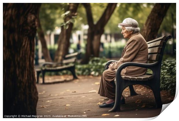 A lonely retired woman on a bench created with generative AI tec Print by Michael Piepgras