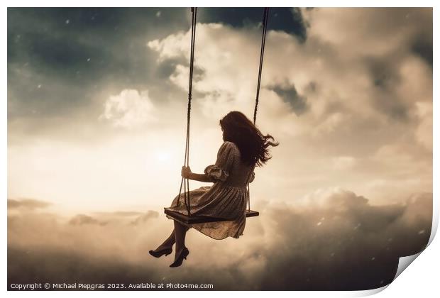 A woman on a swing that swings in the sky created with generativ Print by Michael Piepgras