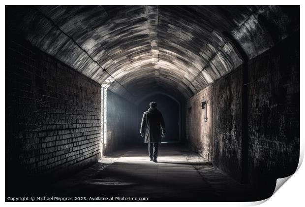 Back view of a lonely person in a tunnel  created with generativ Print by Michael Piepgras