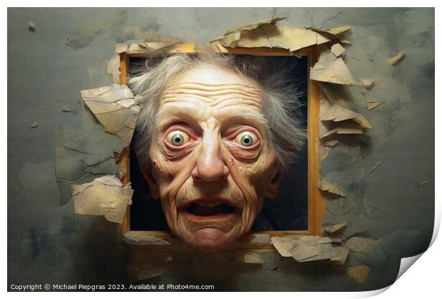 Deeply unsettling surrealist horror portrait created with genera Print by Michael Piepgras