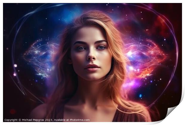 Ethereal and mesmerizing woman portrait in a galaxy environment  Print by Michael Piepgras