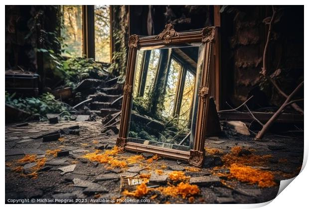 A broken mirror in a lost place created with generative AI techn Print by Michael Piepgras