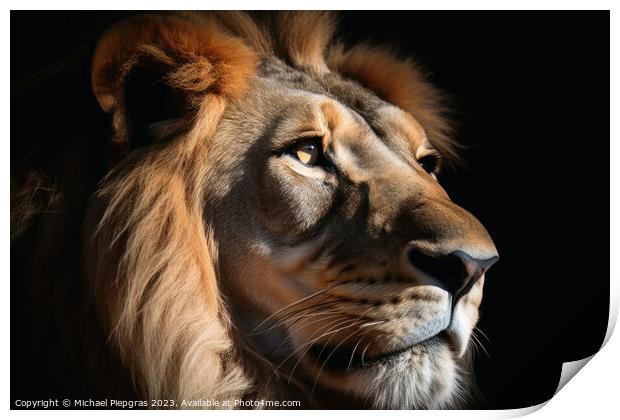 A closeup of a male Lion on a black background created with gene Print by Michael Piepgras