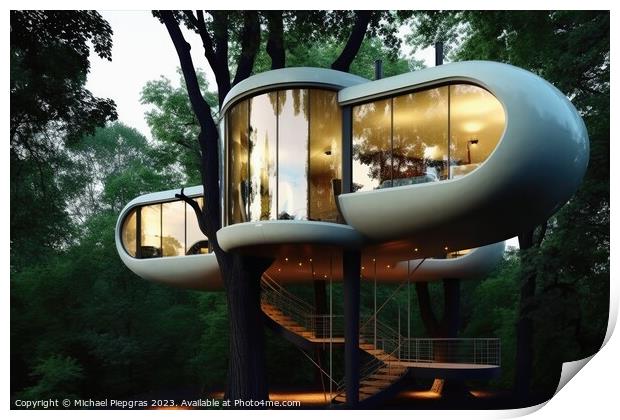 A futuristic tree house created with generative AI technology. Print by Michael Piepgras