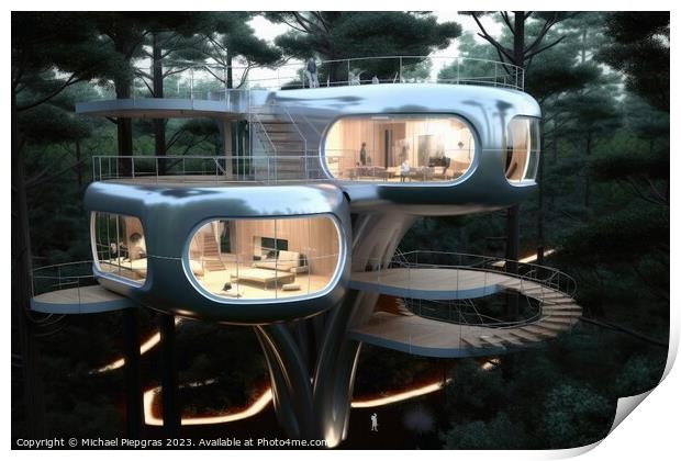 A futuristic tree house created with generative AI technology. Print by Michael Piepgras