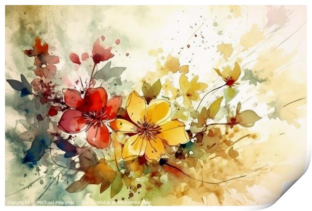Abstract artwork of flowers in watercolor style with a paper tex Print by Michael Piepgras