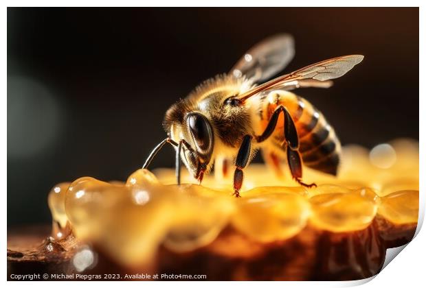 Close up of a bee on honey created with generative AI technology Print by Michael Piepgras