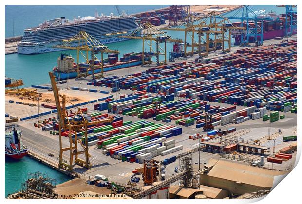 Aerial View of the industrial port of Barcelona on a sunny summer day. Print by Michael Piepgras