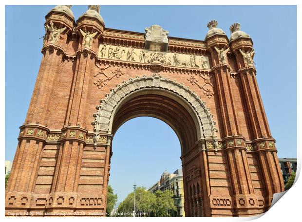 Barcelona, Spain - 22 July 2023: The Arc de Triomf in Barcelona on a sunny day with some tourists Print by Michael Piepgras