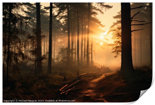 A sunrise in a misty forest. Print by Michael Piepgras