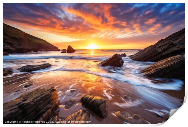 Beautiful sunset at a beach landscape looking like woolacombe. Print by Michael Piepgras