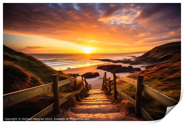 Beautiful sunset at a beach landscape looking like woolacombe. Print by Michael Piepgras