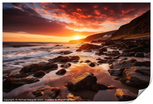 Beautiful sunset at a beach landscape looking like woolacombe. Print by Michael Piepgras