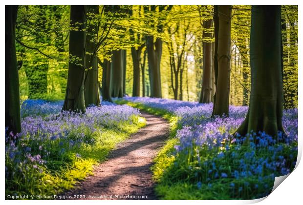Lonely Footpath through some blue bell flowers in a forest lands Print by Michael Piepgras