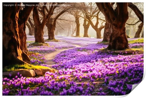 A deciduous forest in spring with a sea of crocus flowers on the Print by Michael Piepgras