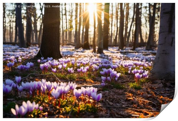 A deciduous forest in spring with a sea of crocus flowers on the Print by Michael Piepgras