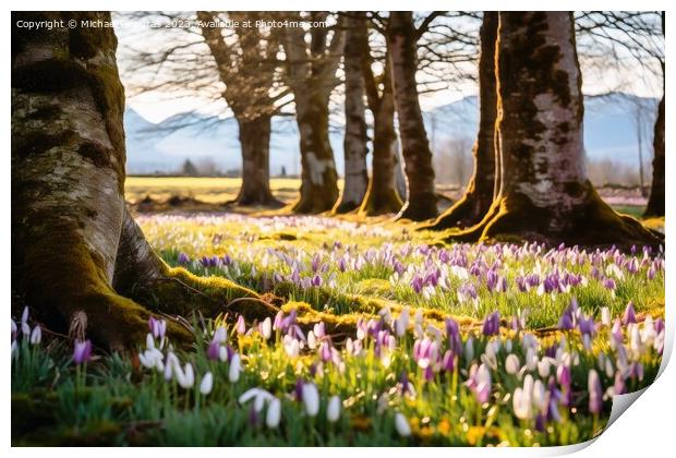 A deciduous forest in spring with a sea of crocus flowers on the Print by Michael Piepgras