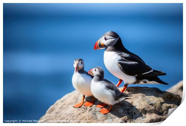 Puffin birds with babies at a coast. Print by Michael Piepgras