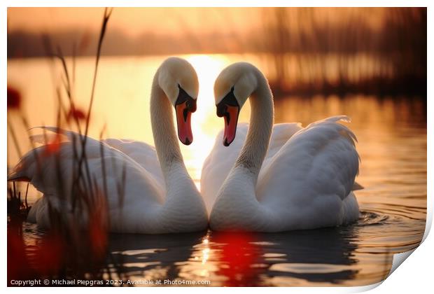 A swan couple in the sunset Print by Michael Piepgras