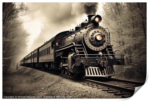 An old steam locomotive with lots of steam and smoke. Print by Michael Piepgras