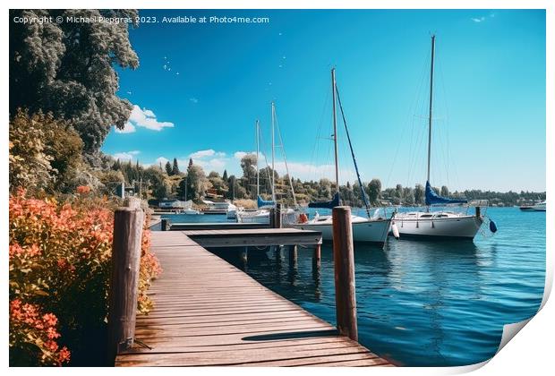 Beautiful view at a jetty of a small port with sailing boats. Print by Michael Piepgras