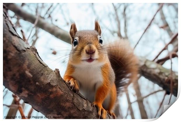 Close up of squirrel on branch looking for a nut. Print by Michael Piepgras