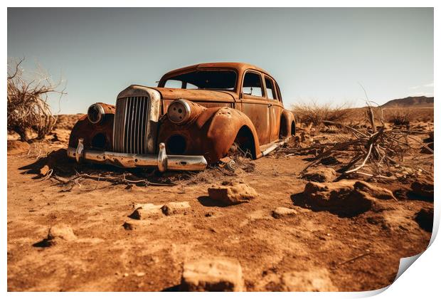 A vintage car rotting next to a sandy road. Print by Michael Piepgras