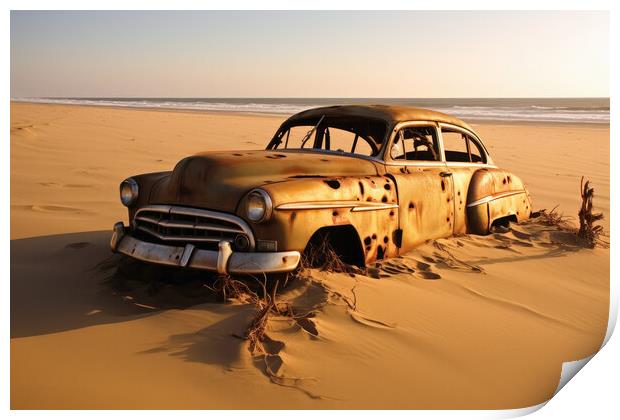 A vintage car rotting next to a sandy road. Print by Michael Piepgras