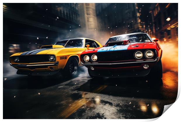 Two musclecars driving a race in a city. Print by Michael Piepgras