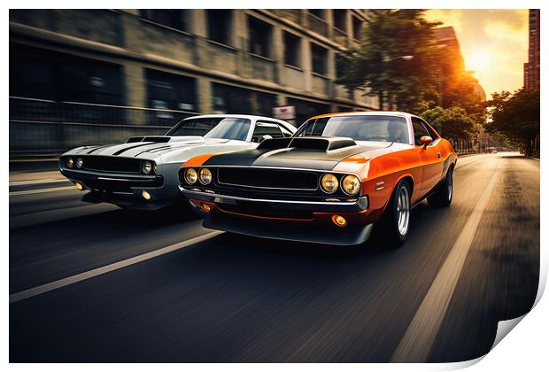 Two musclecars driving a race in a city. Print by Michael Piepgras