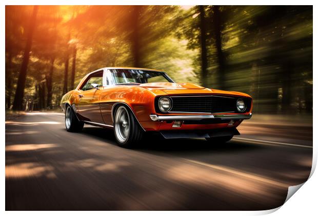 A classic muscle car revving its engine, capturing nostalgia and Print by Michael Piepgras