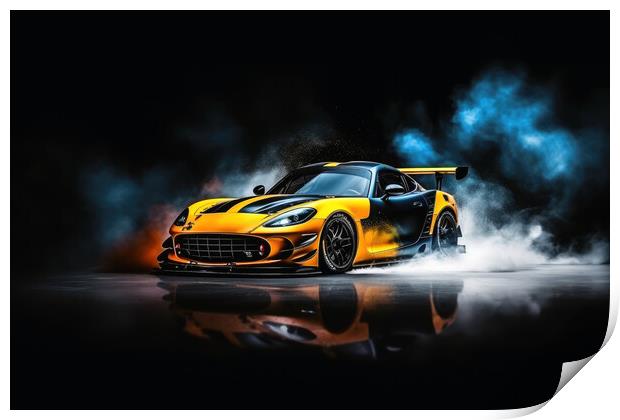 A drifting sports car on dark background with smoke. Print by Michael Piepgras