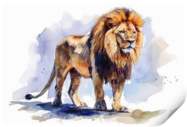 Watercolor of a big impressive lion on white. Print by Michael Piepgras