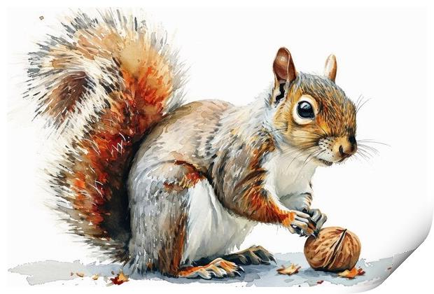 Watercolor of a cut squirrel with a nut on white. Print by Michael Piepgras