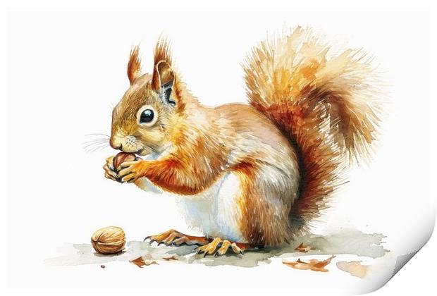 Watercolor of a cut squirrel with a nut on white. Print by Michael Piepgras