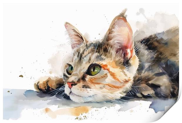 Watercolor of a cute cat on white. Print by Michael Piepgras