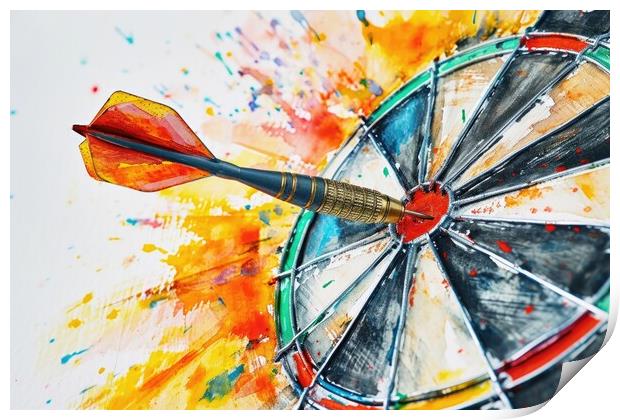 Watercolor of a dart hitting the target perfectly. Print by Michael Piepgras