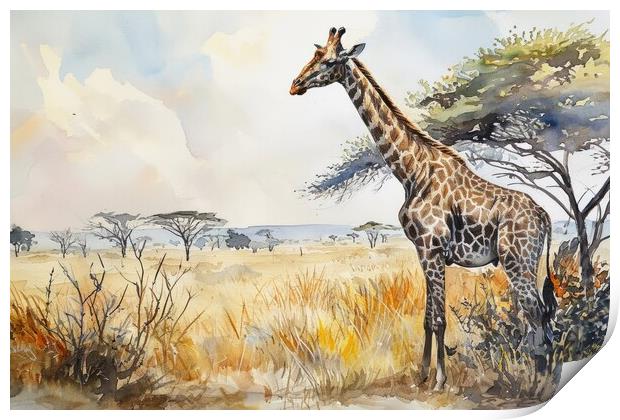 Watercolor of a Giraffe in the Savannah. Print by Michael Piepgras