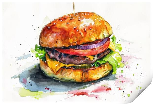 Watercolor of a tasty burger on white. Print by Michael Piepgras