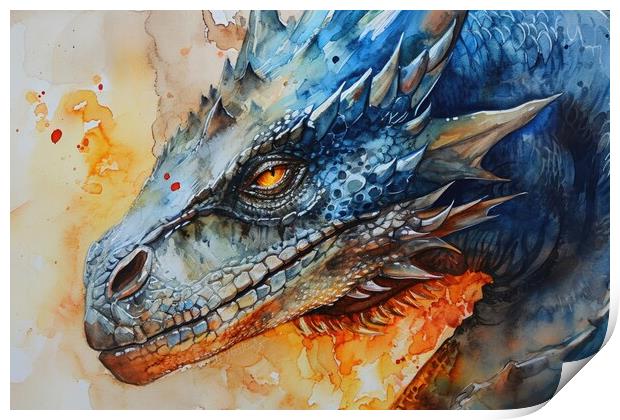 Watercolor of an impressive dragon spying fire. Print by Michael Piepgras