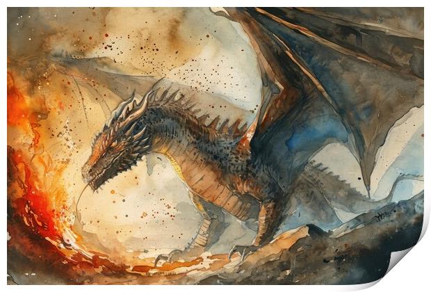 Watercolor of an impressive dragon spying fire. Print by Michael Piepgras