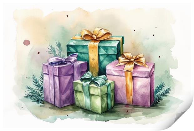 Watercolor of beautiful wrapped gifts and presents. Print by Michael Piepgras