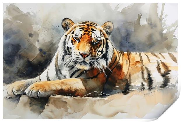 Watercolor painting of an impressive Tiger. Print by Michael Piepgras