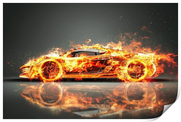 A fast modern car made of fire. Print by Michael Piepgras
