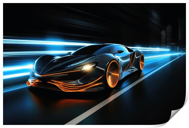 A fast modern hyper car with lightbeams showing the speed. Print by Michael Piepgras